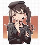 100387l 1girl beret black_choker black_hat black_jacket black_shirt bocchi_the_rock! brown_hair choker closed_mouth gradient_hair hand_on_own_chin hand_up hat highres jacket long_hair long_sleeves looking_at_viewer multicolored_hair o-ring o-ring_choker ootsuki_yoyoko outline red_eyes shirt smile solo twintails upper_body white_outline 