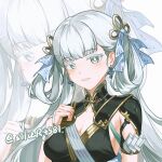  1girl black_collar blue_bow bow breasts bright_pupils collar collarbone colored_eyelashes commentary_request earrings grey_hair hair_bow hair_rings hand_up jewelry jinhsi_(wuthering_waves) light_blush long_hair looking_at_viewer low_twintails medium_breasts mole mole_on_cheek parted_lips partial_commentary silver4581 smile solo twintails white_eyelashes white_eyes white_pupils wuthering_waves zoom_layer 