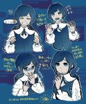  1girl ? ameito backpack bag blue_background blue_eyes blue_hair blue_theme closed_eyes collared_shirt commentary_request flying_sweatdrops frilled_shirt frills fukurai_azami hands_up highres index_finger_raised long_sleeves looking_at_viewer multiple_expressions multiple_views open_hands open_mouth outline scared shirt short_hair smile sweatdrop swept_bangs toshi_densetsu_kaitai_center translation_request trembling upper_body white_outline 
