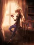  alternate_costume ayakashi_(monkeypanch) bad_id bad_pixiv_id belt blonde_hair book bookshelf braid chair contemporary curtains denim hair_ribbon highres jeans kirisame_marisa no_hat no_headwear pants ponytail reading ribbon room sleeves_pushed_up solo touhou window 