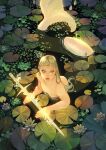  1girl artist_name brown_eyes glowing glowing_sword glowing_weapon green_hair hannahartwork highres holding holding_sword holding_weapon lily_pad long_hair mermaid monster_girl original solo sword water watermark weapon 