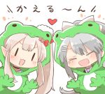  2girls :d animal_costume animal_hood blush bow brown_hair chibi closed_eyes collared_shirt elu_(1st_costume)_(nijisanji) elu_(nijisanji) frog_costume frog_hood grey_hair hair_bow hair_ornament hairclip heart higuchi_kaede higuchi_kaede_(1st_costume) hood hood_up long_hair mole mole_under_eye multiple_girls necktie nijisanji ponytail purple_necktie rebecca_(keinelove) shirt side_ponytail smile translation_request very_long_hair virtual_youtuber white_bow white_shirt |_| 
