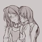  2girls bang_dream! bang_dream!_it&#039;s_mygo!!!!! blush chain chain_necklace choker closed_eyes closed_mouth commentary greyscale hashtag-only_commentary highres hug hug_from_behind jacket jewelry long_hair long_sleeves mole mole_under_eye monochrome multiple_girls necklace saizz2n shiina_taki sweatdrop yahata_umiri yuri 