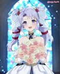  1girl :d bare_shoulders bouquet bride dress fire_emblem fire_emblem:_genealogy_of_the_holy_war fire_emblem_heroes flower gloves hair_flower hair_ornament highres holding holding_bouquet kotoriya_kuguri long_hair looking_at_viewer official_alternate_costume open_mouth purple_eyes purple_hair red_flower red_rose rose smile solo stained_glass tine_(determined_bride)_(fire_emblem) tine_(fire_emblem) twintails twitter_username wedding_dress white_dress white_flower white_gloves white_rose 