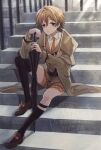  1boy asymmetrical_legwear black_socks black_thighhighs black_umbrella blue_eyes brown_hair brown_shoes brown_shorts brown_vest closed_umbrella coat collared_shirt full_body grey_coat highres holding holding_umbrella knee_up looking_at_viewer male_focus necktie ohuman oliver_fog on_stairs orange_necktie reverse:1999 shirt shoes short_hair shorts single_sock single_thighhigh sitting sitting_on_stairs socks solo stairs thighhighs umbrella uneven_legwear vest watermark white_shirt 