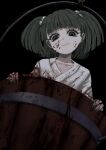  1girl black_background blood blood_on_clothes blood_on_face blood_on_hands blood_splatter bucket collarbone fingernails green_eyes green_hair green_nails hair_bobbles hair_ornament highres horror_(theme) in_bucket in_container japanese_clothes kimono kisume long_fingernails looking_at_viewer looking_down short_hair smile solo touhou twintails twitter_username watage_milktea white_kimono wooden_bucket 