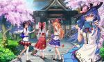  4girls allmyheaven apron black_hat blue_hair blue_skirt blush bow bowtie breasts broom brown_hair brown_horns building cellphone chain cherry_blossoms chinese_commentary chinese_text closed_mouth commentary_request cone_horns detached_sleeves dress falling_petals flower food frilled_bow frilled_skirt frills fruit fumo_(doll) hair_bow hakurei_reimu hakurei_shrine hat hat_ornament highres hinanawi_tenshi holding holding_broom holding_phone horn_bow horn_ornament horns ibuki_suika kijin_seija leaf leaf_hat_ornament long_hair multicolored_dress multicolored_hair multiple_girls oni orange_eyes orange_hair outdoors paper peach peach_hat_ornament petals phone pink_flower pink_petals pointing prank puffy_short_sleeves puffy_sleeves rainbow_order red_bow red_bowtie red_eyes red_hair red_shoes red_skirt ribbon-trimmed_skirt ribbon-trimmed_sleeves ribbon_trim sandals second-party_source shirt shoes short_sleeves skirt skirt_set smartphone smile socks streaked_hair touhou translation_request tree very_long_hair waist_apron white_apron white_hair white_shirt white_socks wrist_cuffs yellow_flower 