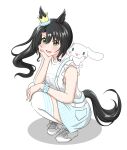  1girl :3 :d absurdres abyss_kpn_(ki) animal_ears black_hair blue_scrunchie blue_skirt cinnamoroll creature creature_on_shoulder crown ear_ornament ear_through_crown from_side full_body fuwa_fuwa_cinnamoroll green_eyes hair_between_eyes highres horse_ears horse_girl horse_tail long_hair looking_ahead looking_at_viewer mini_crown multicolored_hair on_shoulder sanrio satono_crown_(umamusume) scrunchie shirt shoes side_ponytail simple_background skirt smile sneakers squatting streaked_hair tail thighhighs umamusume white_background white_hair white_shirt white_thighhighs wrist_scrunchie 