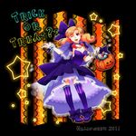  2011 alena_(dq4) bad_id bad_pixiv_id bow candy cape choker curly_hair dragon_quest dragon_quest_iv dress earrings flower food frilled_dress frills hair_bow halloween high_heels jack-o'-lantern jewelry long_hair one_eye_closed open_mouth orange_hair red_eyes rose shoes smile solo sorara star striped striped_legwear thighhighs trick_or_treat vertical-striped_legwear vertical_stripes wrist_cuffs 