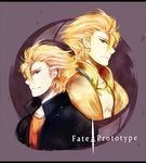  archer_(fate/prototype) armor blonde_hair casual copyright_name dual_persona fate/prototype fate_(series) jewelry kusayusaai logo male_focus necklace red_eyes 