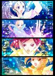  4girls aqua_brooch arm_up attack black_border blue_background blue_dress blue_eyes blue_hair border bow bowtie brooch brown_eyes brown_hair copyright_name cure_bloom cure_egret determined dress earrings eyelashes feather-trimmed_sleeves frilled_arm_warmers froth furrowed_brow futari_wa_precure_splash_star heart heart_brooch heart_earrings high_ponytail highres hyuuga_saki jewelry kaokuma kiryuu_kaoru kiryuu_michiru light_particles long_dress long_hair looking_ahead magical_girl mishou_mai multiple_girls open_mouth orange_bow orange_bowtie outstretched_arm pink_dress pink_eyes pink_hair ponytail precure purple_eyes purple_hair short_hair short_ponytail short_sleeves siblings sisters star_(symbol) star_symbol_background straight_hair thick_eyebrows upper_body very_long_hair white_arm_warmers white_bow white_bowtie white_dress yellow_brooch yellow_dress 