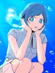  1girl air_bubble alternate_costume b1ue_e4rth blue_background blue_eyes blue_hair blue_nails blue_shirt blue_theme bright_pupils bubble collared_shirt fukurai_azami hands_on_own_face hands_up limited_palette looking_at_viewer nail_polish neck_ribbon open_mouth ribbon shirt short_hair short_sleeves skirt solo squatting toshi_densetsu_kaitai_center underwater white_pupils white_skirt 