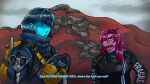 ambiguous_gender annoyed anthro backpack blue_body blue_skin clothing crossover dark_hair darkner death_stranding deltarune dialogue duo emerald_4-ce exclamation_point eyeless female hair hair_over_eye harness hi_res hill human humanoid kris_(deltarune) kris_where_are_we lancer_(deltarune) leather leather_clothing lgbt_pride long_hair looking_at_another male mammal meme nonbinary_(lore) nonbinary_pride_colors parody pink_body pink_skin pride_colors profanity purple_hair question_mark reptile scalie shadowed_eyes sharp_teeth sky suit susie_(deltarune) talking_to_another teeth text text_on_clothing undertale_(series) yellow_eyes yellow_teeth