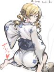 1girl ass blonde_hair blue_sash drill_hair from_behind highres japanese_clothes kimono looking_at_viewer looking_back mahou_shoujo_madoka_magica sash solo tomoe_mami twin_drills ura47869454 white_background white_kimono yellow_eyes 