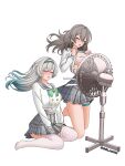  2girls :o absurdres blush bow bowtie buttons closed_eyes collared_shirt double-breasted eidis_scarlet electric_fan firefly_(honkai:_star_rail) firefly_(spring_missive)_(honkai:_star_rail) gradient_hair green_bow green_bowtie grey_hair grey_sailor_collar grey_skirt hair_between_eyes hair_intakes hair_tubes highres honkai:_star_rail honkai_(series) lifting_own_clothes long_hair multicolored_hair multiple_girls open_mouth pleated_skirt sailor_collar shirt simple_background skirt stelle_(honkai:_star_rail) thigh_strap thighhighs trailblazer_(honkai:_star_rail) twitter_username white_background white_shirt white_thighhighs yuri 