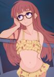  1girl against_railing ahoge bikini blunt_bangs blysill brown_hair facing_viewer food_print frilled_bikini frills fruit_print glasses highres long_hair navel persona persona_5 purple_eyes railing sakura_futaba sideways_glance solo stomach strawberry_print swimsuit very_long_hair yellow_bikini 