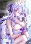  1girl alternate_costume arm_under_breasts azur_lane bag blush bow breasts chewing choker cleavage commentary_request crumbs dress food frills hair_over_one_eye highres holding holding_food holding_popsicle huge_breasts long_hair outdoors pink_eyes popsicle purple_bow purple_choker purple_dress purple_hair purple_scrunchie scrunchie shopping_bag solo squatting tansuan_(ensj3875) unzen_(azur_lane) very_long_hair wrist_scrunchie 