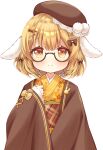  1girl animal_ears beret black-framed_eyewear blonde_hair blush bow brown_bow brown_eyes brown_hat brown_sash closed_mouth commentary_request floppy_ears glasses hair_bow haori hat highres inaba_haneru_(animare) japanese_clothes kimono looking_at_viewer nanashi_inc. obi plaid_clothes plaid_sash pom_pom_hat_ornament rabbit_ears rabbit_girl sash short_hair simple_background smile solo transparent_background upper_body usaba_(usabara_c) virtual_youtuber yellow_kimono 