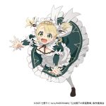  1girl artist_request asymmetrical_bangs black_ribbon blonde_hair breasts cleavage commentary_request copyright_name copyright_notice ellie_walker frills green_eyes highres koujo_denka_no_katei_kyoushi light_blush looking_at_viewer maid maid_headdress medium_breasts official_art open_mouth outstretched_arms ribbon sidelocks simple_background solo tearing_up tripping twintails wavy_mouth white_background 