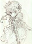  1girl aiming aiming_at_viewer graphite_(medium) grey_outline greyscale gun holding holding_gun holding_weapon kneeling magical_girl magical_musket mahou_shoujo_madoka_magica monochrome outline solo tomoe_mami traditional_media ura47869454 weapon white_background 