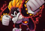  aura banana blurry clenched_hands clenched_teeth colored_skin commentary dated donkey_kong donkey_kong_(series) donkey_kong_bananza english_commentary food fruit gorilla grey_skin highres incoming_attack incoming_punch kong_bananza necktie nostrils punching red_necktie solo teeth wazzaldorp 