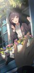  1boy 1girl black_hair blush brown_jacket cat commentary_request highres idolmaster idolmaster_shiny_colors jacket long_hair looking_at_viewer morino_rinze niac open_mouth pov red_eyes shirt sidelocks waving white_shirt 