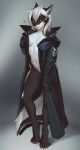 2025 absurd_res anthro black_body black_fur bottomless breasts canid canine canis clothed clothing coat coat_only covering covering_breasts covering_self ear_tuft female fur green_eyes hair hi_res ineffective_clothing inner_boob inner_ear_fluff jacket jacket_only looking_at_viewer mammal mia_(kamikazekit) midriff mostly_nude navel open_clothing open_topwear shermugi simple_background solo standing topwear topwear_only trenchcoat tuft white_body white_fur white_hair wolf