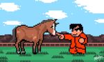  1boy artist_name black_hair commentary_request grass horse horse_racing_track jinno_shigure kunio-kun_series long_sleeves meisho_doto_(racehorse) on_grass outdoors pants pixel_art real_life red_pants red_shirt shirt signature thick_eyebrows toudou_mamoru 