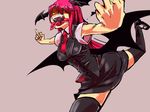  armpit_peek armpits bat_wings black_legwear breasts chamaruku dress_shirt fangs foreshortening forked_tongue grey_background hair_over_eyes hands head_wings horror_(theme) kneehighs koakuma long_hair low_wings medium_breasts middle_finger miniskirt multiple_tongues multiple_wings necktie open_mouth outstretched_arms red_hair running shirt shoes short_sleeves simple_background skirt skirt_set solo spread_arms star thighhighs tongue touhou vest wings zettai_ryouiki 