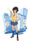  1girl ;d black_hair blue_eyes blue_skirt brown_shoes building collared_shirt crossed_bangs fang finger_gun full_body green_necktie hand_on_own_hip hand_up kneehighs loafers looking_at_viewer meitantei_conan miniskirt necktie non-web_source official_art one_eye_closed pleated_skirt school_uniform sera_masumi shirt shoes short_hair skirt smile socks solo standing star_(symbol) summer_uniform teitan_high_school_uniform transparent_background vest white_shirt yellow_vest 