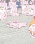  6+girls absurdres ahoge blue_archive blue_eyes blush clone flattened food food_costume fried_hoshino_(meme) hair_between_eyes halo heterochromia highres hoshino_(blue_archive) lattes2 long_hair meme multiple_girls open_mouth photo_background pink_hair pink_halo shrimp shrimp_tempura smile solo tempura tempura_costume very_long_hair yellow_eyes 