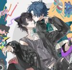 2boys animal_ears bandages black_hair black_jacket black_tank_top blue_hair chibi chibi_inset collarbone ear_piercing fang green_eyes hair_between_eyes holding_hands jacket jewelry long_sleeves looking_at_another male_focus multiple_boys necklace open_clothes open_jacket original pants piercing purple_eyes qyzhiaiyisheng shirt short_hair smile tank_top torn_clothes yaoi 