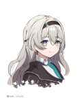  1girl absurdres blush brown_hairband brown_jacket closed_mouth collared_shirt firefly_(honkai:_star_rail) gradient_eyes green_pupils grey_hair hair_between_eyes hair_intakes hair_tubes hairband highres honkai:_star_rail honkai_(series) ime_26710 jacket long_hair multicolored_eyes shirt simple_background smile solo two-tone_eyes upper_body white_background white_shirt 