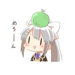  1girl :&gt; black_jacket blazer chibi collared_shirt cropped_torso food food_on_head fruit grey_hair hair_between_eyes hair_ornament hairclip higuchi_kaede higuchi_kaede_(1st_costume) jacket long_hair lowres melon mole mole_under_eye necktie nijisanji object_on_head open_clothes open_jacket parted_lips ponytail purple_necktie rebecca_(keinelove) shirt simple_background solo translation_request triangle_mouth upper_body v-shaped_eyebrows virtual_youtuber white_background white_shirt |_| 