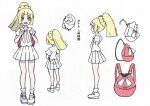  1girl backpack bag blonde_hair braid concept_art dress green_eyes lillie_(pokemon) long_hair looking_at_viewer multiple_views official_art open_mouth pink_bag pokemon pokemon_sm ponytail shoes simple_background smile solo stuffed_toy white_background white_dress white_shoes 