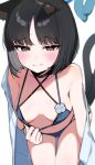  1girl animal_ears bakeneko bikini bikini_top_pull black_choker black_eyes black_nails black_tail blue_archive blue_bikini blue_halo blue_tail blush breasts cape cat_ears cat_girl cat_tail choker commentary_request criss-cross_straps fingernails halo highres inuyama_nanami japanese_clothes kikyou_(blue_archive) kikyou_(swimsuit)_(blue_archive) layered_bikini leaning_forward looking_at_viewer multi-strapped_bikini_bottom multiple_tails nail_polish navel official_alternate_costume side-tie_bikini_bottom simple_background small_breasts solo swimsuit tail two_tails white_background white_cape 