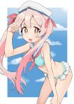  1girl :d absurdres aqua_bikini araimelon bare_arms bare_shoulders bikini breasts brown_eyes commentary cowboy_shot frilled_bikini_bottom hair_ribbon hand_on_own_knee hand_up hat highres leaning_forward long_hair neckerchief official_alternate_costume onii-chan_wa_oshimai! open_mouth oyama_mahiro paid_reward_available pink_hair red_neckerchief red_ribbon ribbon sailor_collar salute simple_background small_breasts smile solo swimsuit twintails very_long_hair white_hat 