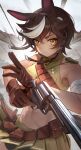  1girl absurdres animal_ears bandaged_arm bandages belt belt_pouch bike_shorts black_shorts brown_belt brown_eyes brown_gloves brown_hair closed_mouth cropped_shirt gloves gun highres holding holding_gun holding_weapon horse_ears miniskirt navel pleated_skirt pouch revolver second-party_source shirt short_hair shorts skirt sleeveless sleeveless_shirt solo star_(symbol) star_in_eye stomach symbol_in_eye tan tomoe_umari tomoe_umari_(1st_costume) v-dere virtual_youtuber weapon white_hair yellow_shirt yellow_skirt zote_illust 