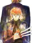  back-to-back bad_id bad_pixiv_id black_keys brown_hair cassock cross cross_necklace emiya_shirou fate/stay_night fate_(series) glasses jewelry kotomine_kirei kotomine_shirou_(fanfic) male_focus multiple_boys necklace red_eyes red_hair what_if yukasu 