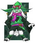 anthro bell belt blush bovid caprine claws clothing cloud04 colored deltarune eyewear fangs fluffy fluffy_tail glasses goat gold_(metal) gold_jewelry green_clothing hat headgear headwear heart_symbol hi_res horn jewelry male mammal pink_horn ralsei robe scarf simple_background solo tail teeth undertale_(series) witch_hat