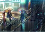  2girls animal_ears bag banner bare_tree blue_coat blue_eyes breasts breath brown_eyes brown_hair brown_shoes building buttons coat commentary_request dated double-breasted holding holding_bag holding_umbrella horse_ears horse_girl horse_tail long_hair long_sleeves looking_at_another mayano_top_gun_(umamusume) multicolored_hair multiple_girls night nobori open_mouth orange_hair outdoors plastic_bag power_lines puddle purple_skirt purple_thighhighs rain school_bag shadow shoes skirt small_breasts smile streaked_hair tail takuzui thighhighs tokai_teio_(umamusume) tree twitter_username umamusume umbrella walking watermark 