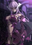  1girl absurdres alternate_color alternate_hair_color aoi_tabane bare_shoulders black_bow black_gloves black_thighhighs bow breasts cleavage corruption cowboy_shot crotch_plate dark-skinned_female dark_persona dark_skin demon_girl demon_horns demon_wings detached_collar elbow_gloves evil_smile gloves grin hair_bow high_ponytail highres holding holding_weapon horns kouyoku_senki_exs-tia large_breasts light_particles lilistia long_hair looking_at_viewer low_wings navel parted_lips pointy_ears ponytail purple_eyes purple_hair purple_thighhighs revealing_clothes ribbon rieszverne_suzette_paladill showgirl_skirt smile solo standing stomach thighhighs thighs very_long_hair weapon wings 