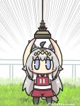  1girl ahoge animal_ears arms_up black_pantyhose chibi emphasis_lines goma_(gomasamune) grey_hair gym_shirt gym_shorts gym_uniform highres horse_ears horse_girl horse_tail multicolored_hair oguri_cap_(umamusume) pantyhose pantyhose_under_shorts puffy_short_sleeves puffy_sleeves red_shorts shirt short_sleeves shorts solo standing tail two-tone_hair umamusume white_hair white_shirt 