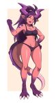  1girl abysswatchers barefoot border bra claws clenched_hand colored_skin commission dragon_girl dragon_horns dragon_tail eyelashes fang full_body hand_on_own_hip highres horns long_hair navel open_mouth original panties pink_background pointy_ears ponytail purple_bra purple_hair purple_horns purple_panties red_skin shiny_skin simple_background smile standing stomach tail thighs toe_claws underwear underwear_only v-shaped_eyebrows white_border yellow_eyes 