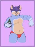 anthro bandit_heeler beverage bluey_(series) boblios border bottle bulge clothing container eyebrows hi_res holding_bottle holding_container holding_object looking_at_viewer male overweight portrait purple_border raised_arm raised_eyebrow red_clothing red_underwear signature simple_background smile solo speedo standing swimwear teeth three-quarter_portrait underwear