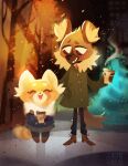 1boy 1girl aggressive_retsuko artist_name black_eyes blush closed_eyes coat cup disposable_coffee_cup disposable_cup english_commentary furry furry_female furry_male haida_(aggretsuko) highres hyena_boy open_mouth outdoors red_panda_girl retsuko smile stasya-sher tail 
