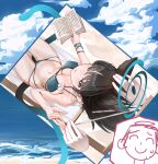  1boy 1girl absurdres animal_ears bakeneko bikini black_choker black_eyes black_nails black_tail blue_archive blue_bikini blue_halo blue_haori blue_tail blush breasts cape cat_ears cat_girl cat_tail choker criss-cross_straps doodle_sensei_(blue_archive) fingernails from_above halo haori headpat highres japanese_clothes kikyou_(blue_archive) kikyou_(swimsuit)_(blue_archive) layered_bikini looking_at_viewer multi-strapped_bikini_bottom multiple_tails nail_polish navel official_alternate_costume sensei_(blue_archive) side-tie_bikini_bottom small_breasts swimsuit tagua tail two_tails white_cape 