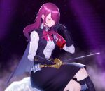  1girl armband black_boots black_gloves black_skirt blush boots bow bowtie breasts cape closed_eyes closed_mouth eyelashes feet_out_of_frame gekkoukan_high_school_uniform gloves hair_over_one_eye highres holding holding_sword holding_weapon kirijou_mitsuru long_hair medium_breasts mikan_zakuro night night_sky persona persona_3 persona_3_reload purple_hair rapier red_armband red_bow red_bowtie s.e.e.s school_uniform sitting skirt sky solo star_(sky) starry_sky_background sword weapon 