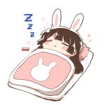  1girl =_= animal_ears black_hair blush_stickers chibi closed_mouth futon hair_ornament hairclip kemonomimi_mode long_hair lowres lying nijisanji on_back rabbit_ears rebecca_(keinelove) simple_background sleeping solo tsukino_mito under_covers virtual_youtuber white_background x_mouth zzz 
