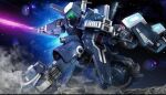  asteroid battle blue_eyes copyright_logo duel dust_cloud energy_sword exposed_internal_machinery gundam gundam_battle_operation_2 gundam_mk_v gundam_sentinel machinery mecha mecha_focus mobile_suit no_humans official_art painting_(medium) promotional_art realistic robot rock scan science_fiction shield space sunrise_(company) sword tenjin_hidetaka thrusters traditional_media v-fin weapon 